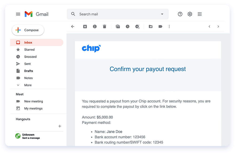Payout email confirmation