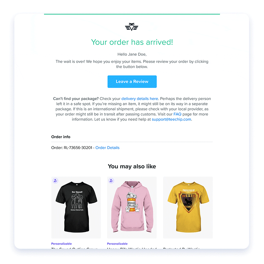 Delivery confirmation email