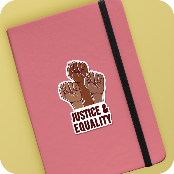 Notebook with a justice & equality sticker