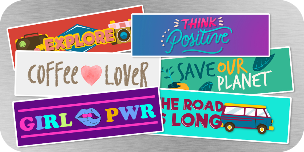 Bumper stickers with colorful designs.
