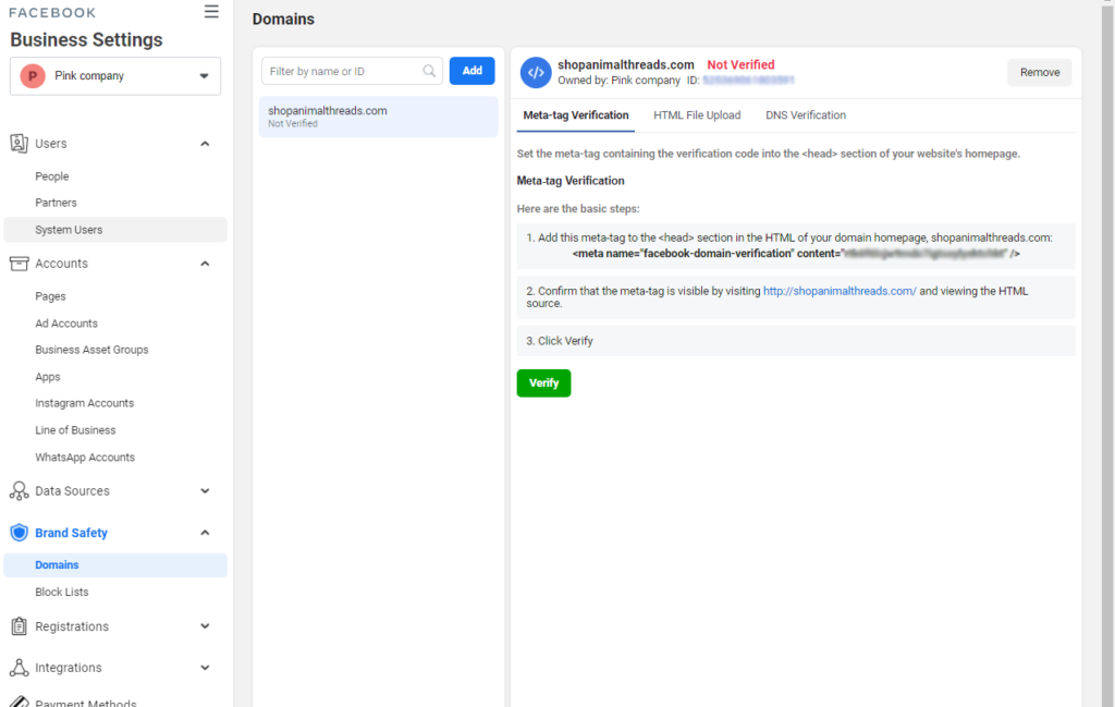 Screenshot showing the step 3 to verify domain on Facebook ads manager