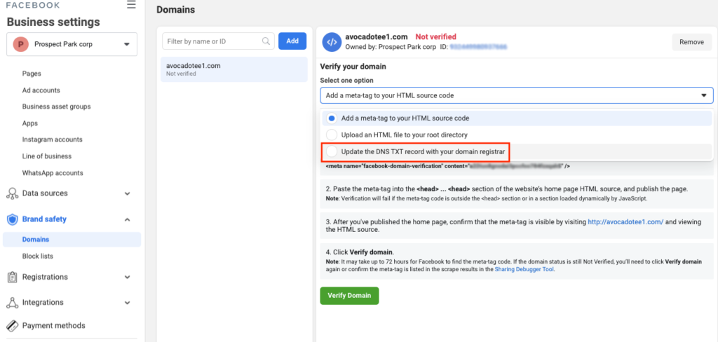 Screenshot showing the step 4 to verify domain on Facebook ads manager