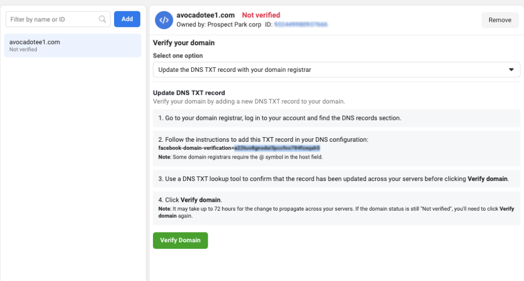  Screenshot showing part 2 of step 4 to verify domain on Facebook ads manager
