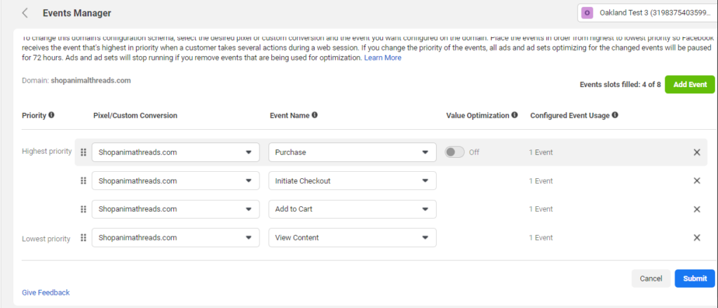 Screenshot showing the Events Manager to setup Facebook Pixel Event tracking