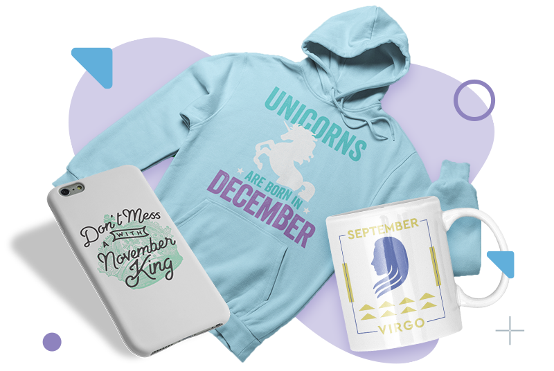 Birthday-themed and zodiac-themed print-on-demand apparel and accessories.