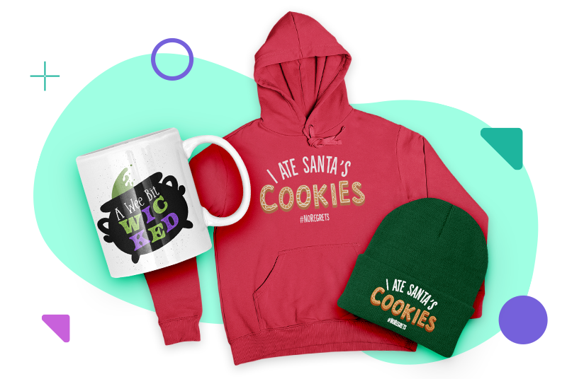 Custom apparel and accessories with holiday-inspired designs.