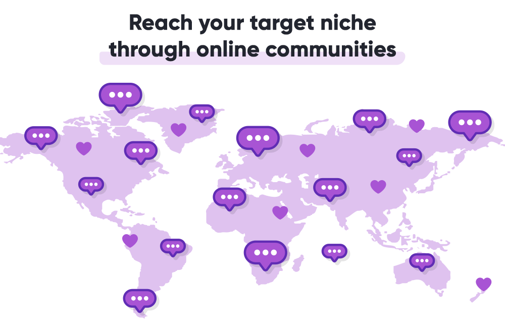People spread on a world map communicating through online platforms.