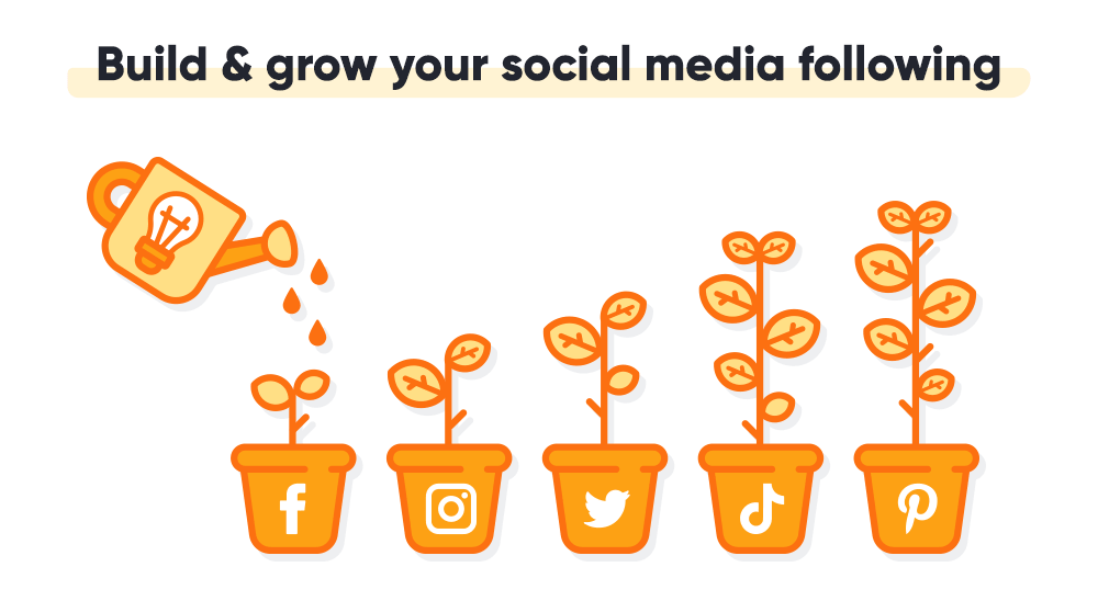 Gardening bucket watering social media-themed plant pots.