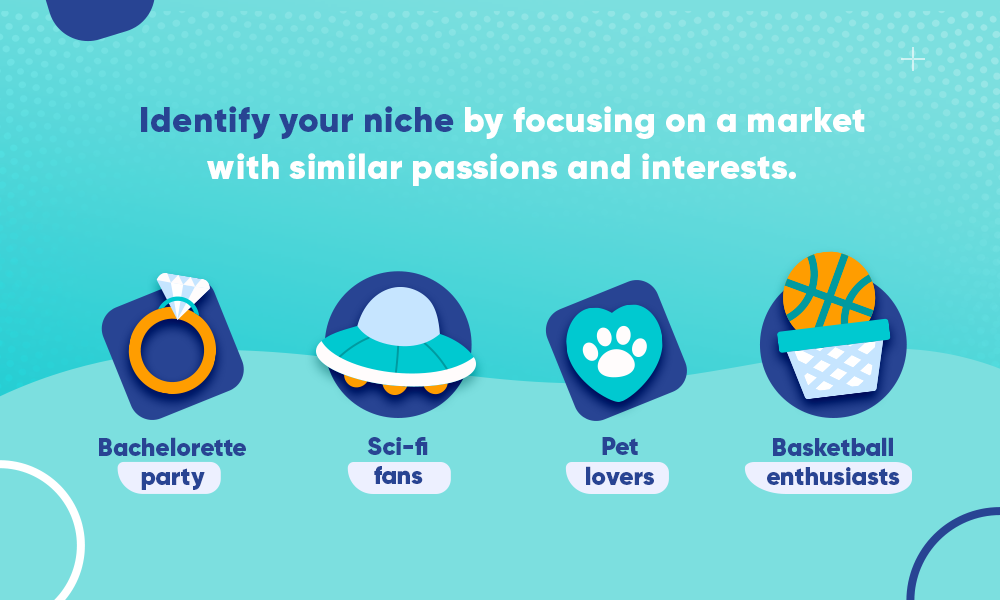 Profitable niche markets: Pet lovers, basketball enthusiasts, bachelorette parties, and sci-fi fans.