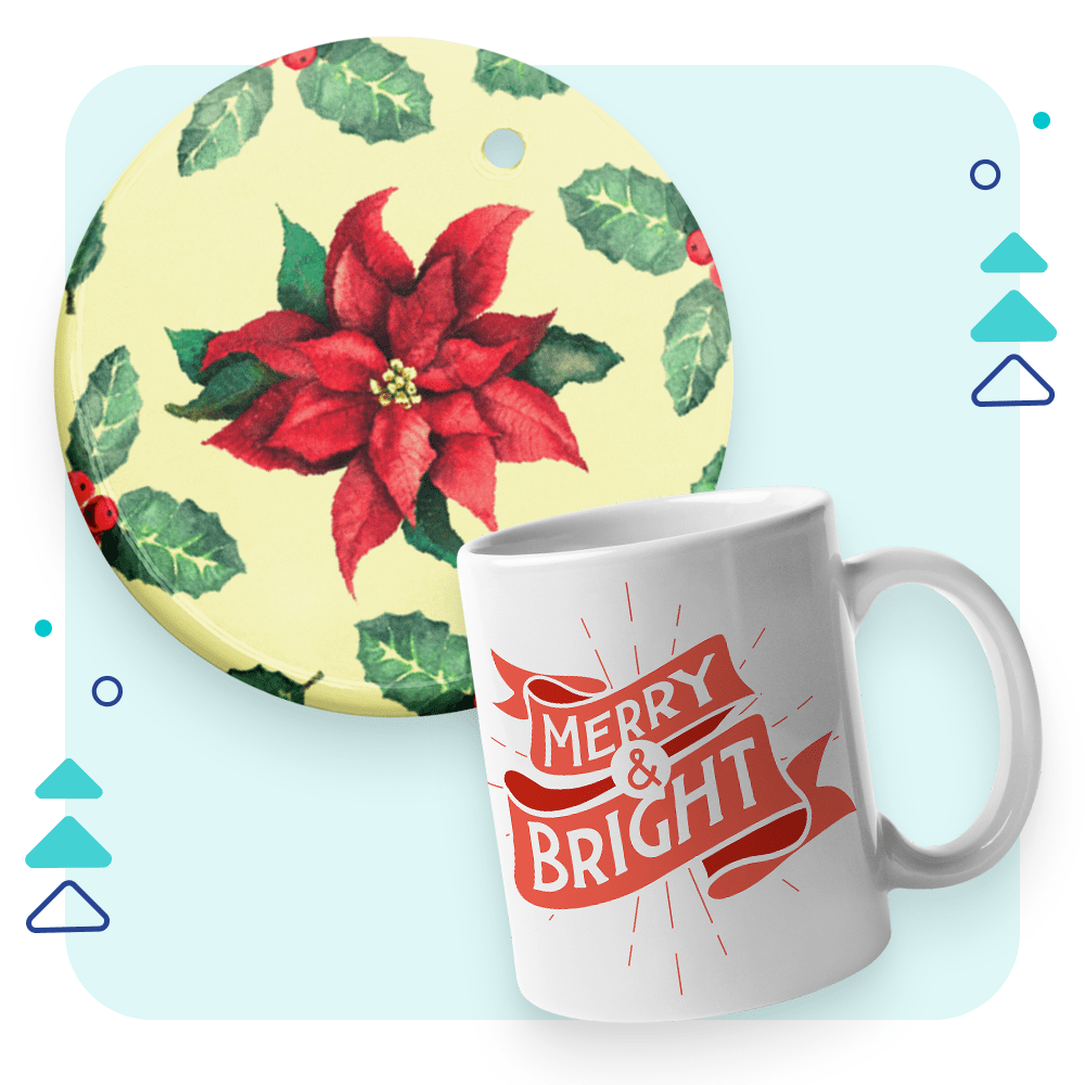 Printed coffee mug and circle ornament with a x-mas design are holiday favorites 