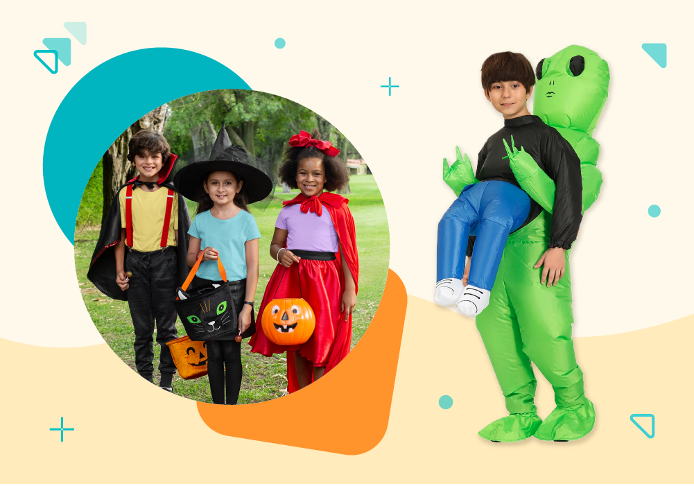  Three kids dressed up in Halloween costumes.