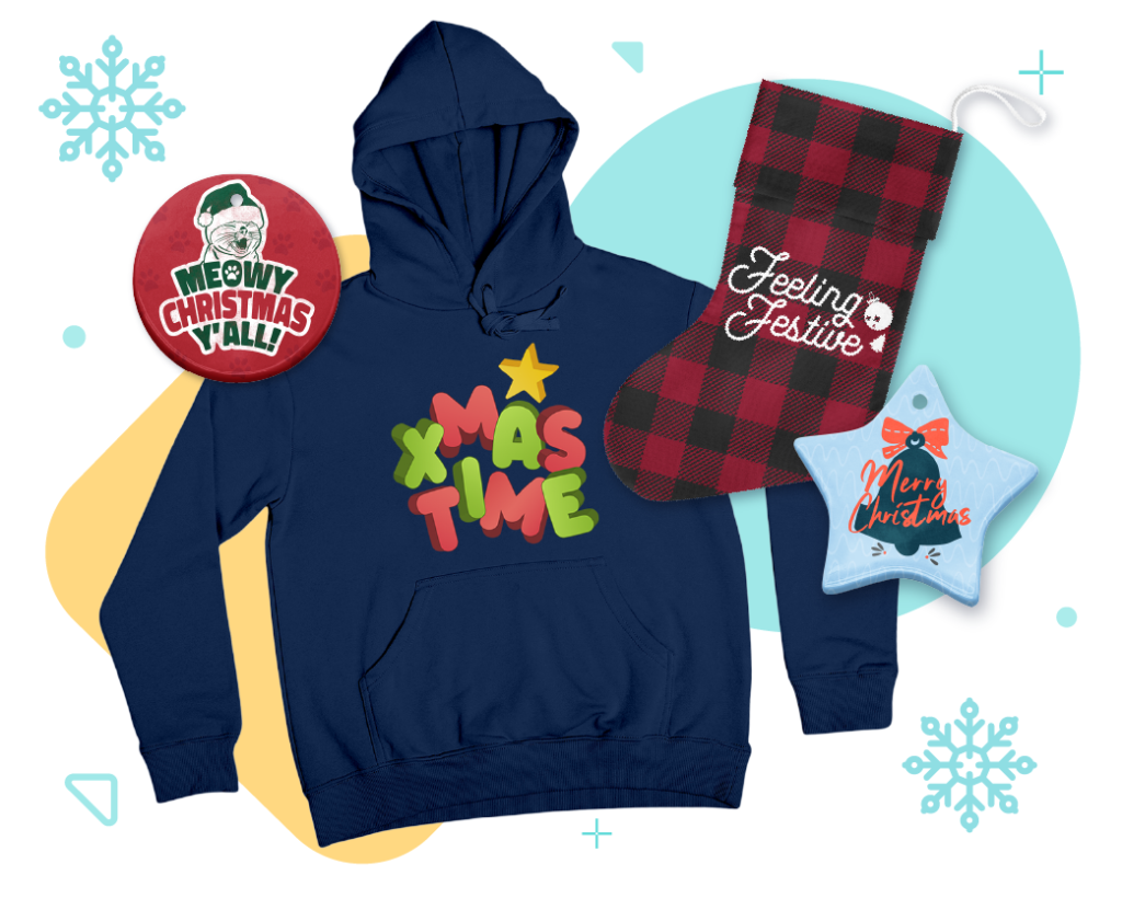 Hoodie, Christmas ornaments and Christmas stocking with Christmas designs on them