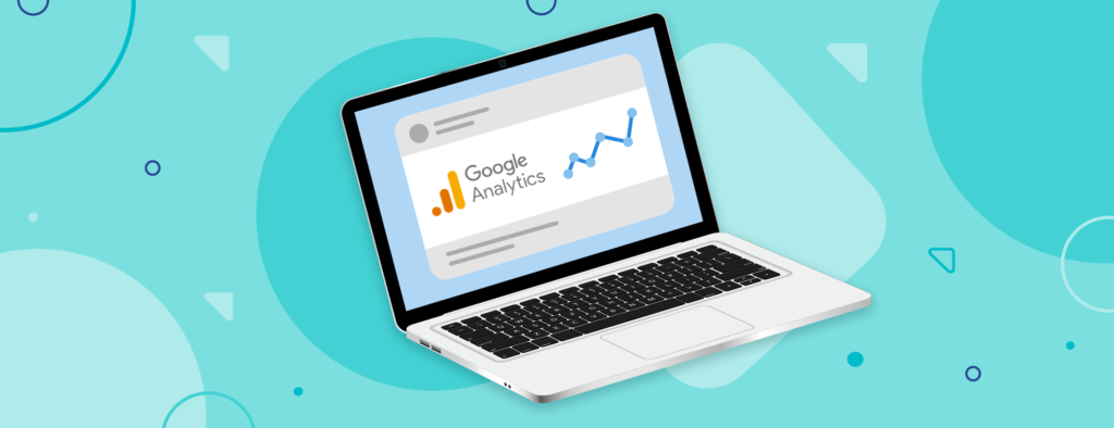 Graphic showing a laptop using Google Analytics to track an ecommerce
