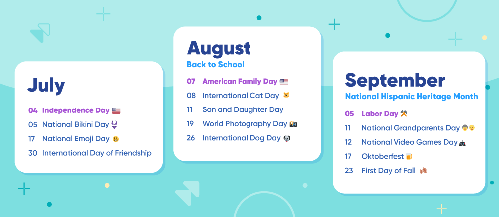 Graphic showing retail holidays for July, August and September