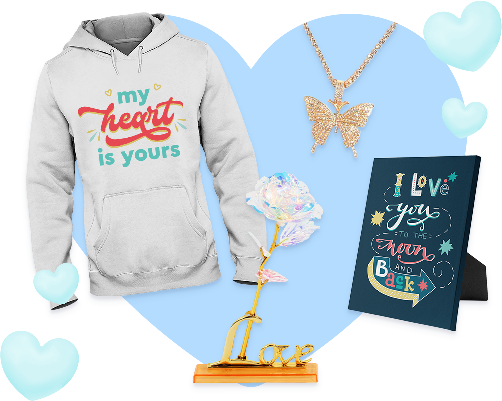 Image showing dropship and print-on-demand products with Valentine’s Day-inspired designs